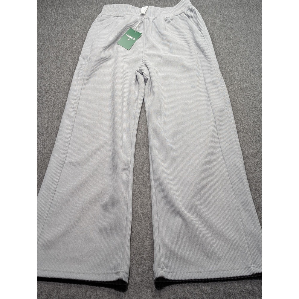Halara Ribbed Wide Leg Pants Light Grey High Waisted Corduroy Style Small NEW